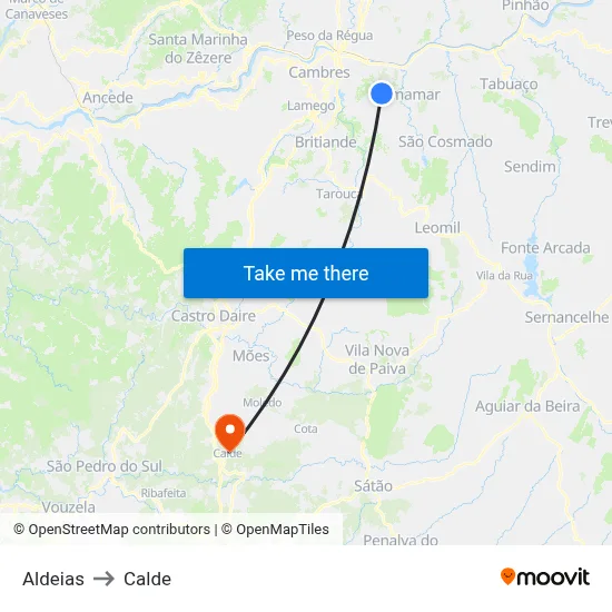 Aldeias to Calde map