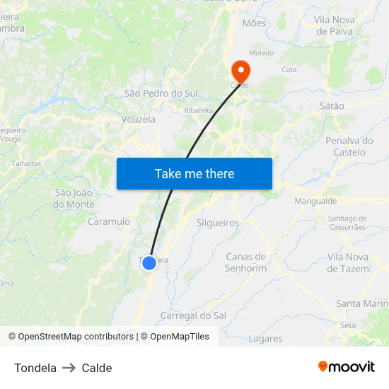 Tondela to Calde map