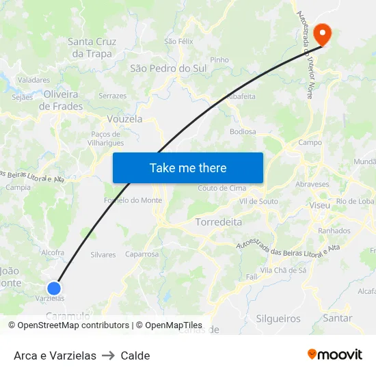 Arca e Varzielas to Calde map