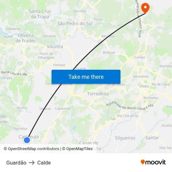 Guardão to Calde map