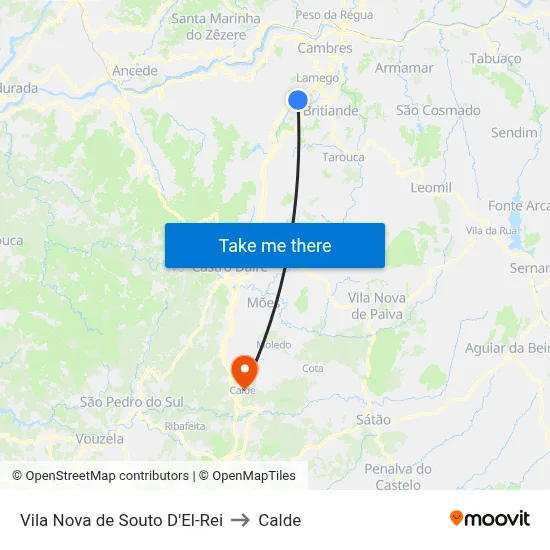 Vila Nova de Souto D'El-Rei to Calde map