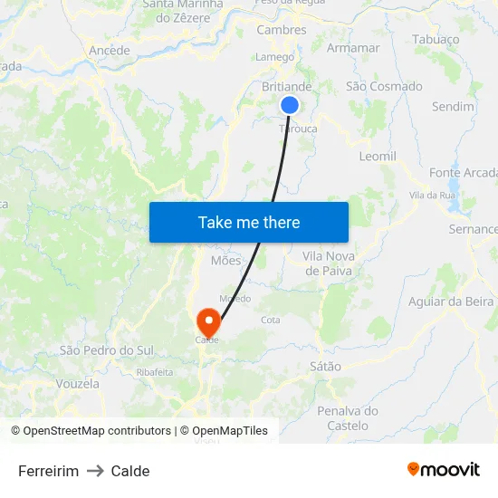 Ferreirim to Calde map