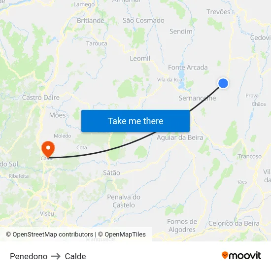 Penedono to Calde map
