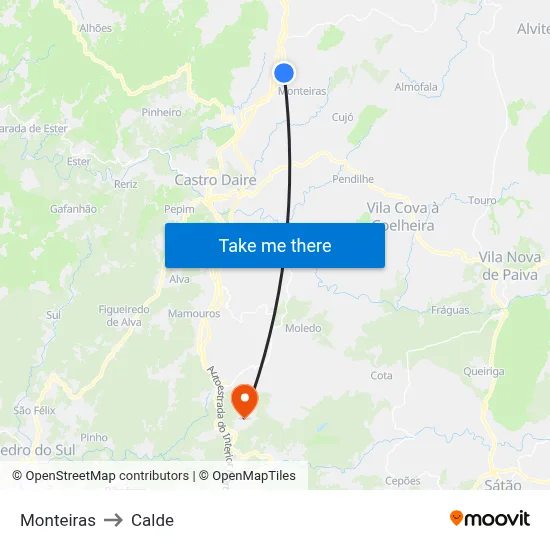 Monteiras to Calde map