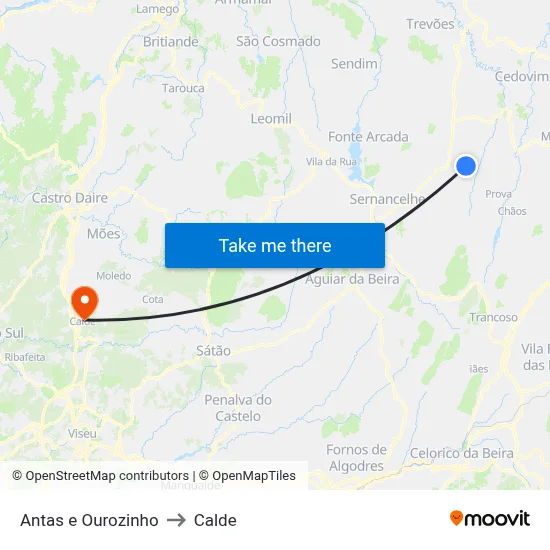 Antas e Ourozinho to Calde map