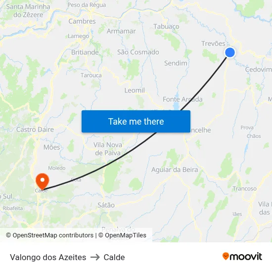 Valongo dos Azeites to Calde map