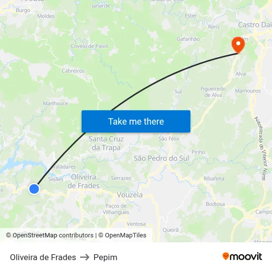 Oliveira de Frades to Pepim map