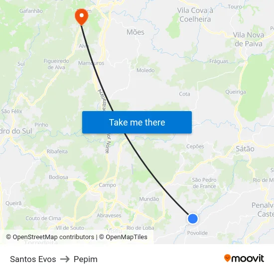 Santos Evos to Pepim map