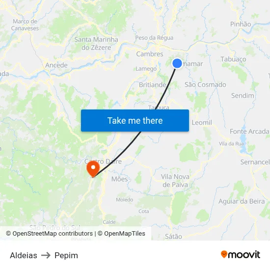 Aldeias to Pepim map