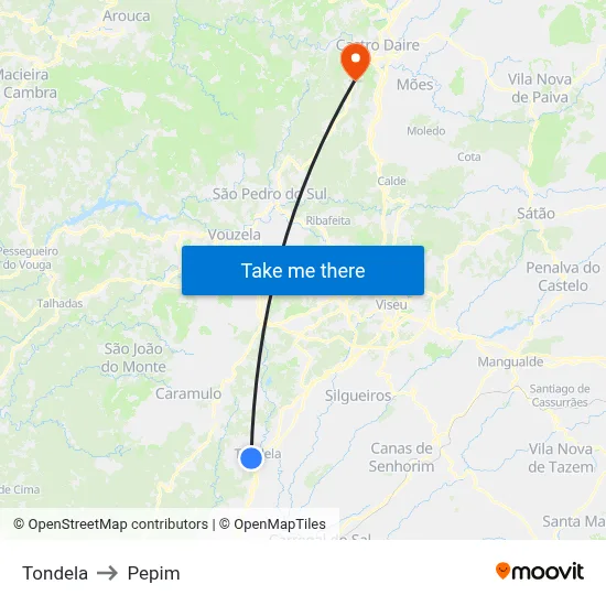 Tondela to Pepim map