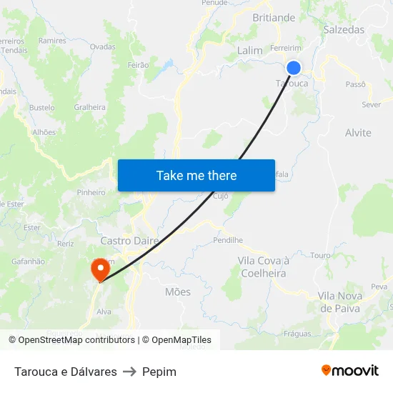Tarouca e Dálvares to Pepim map