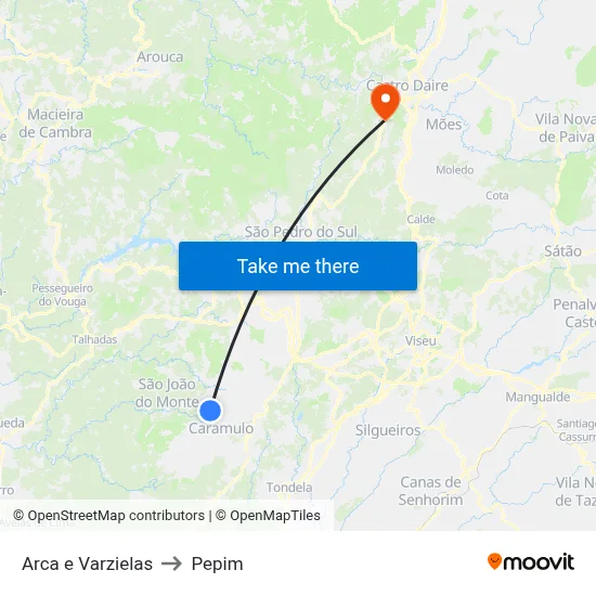 Arca e Varzielas to Pepim map