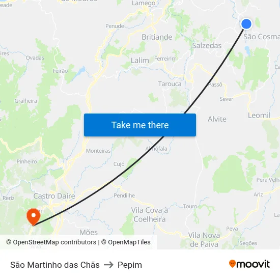 São Martinho das Chãs to Pepim map