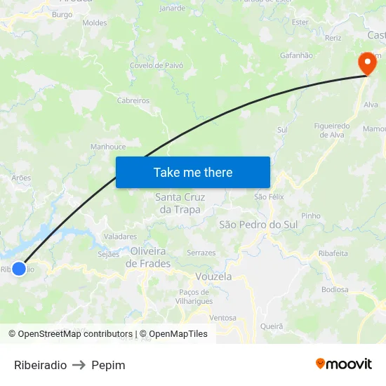 Ribeiradio to Pepim map