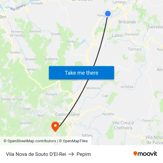 Vila Nova de Souto D'El-Rei to Pepim map