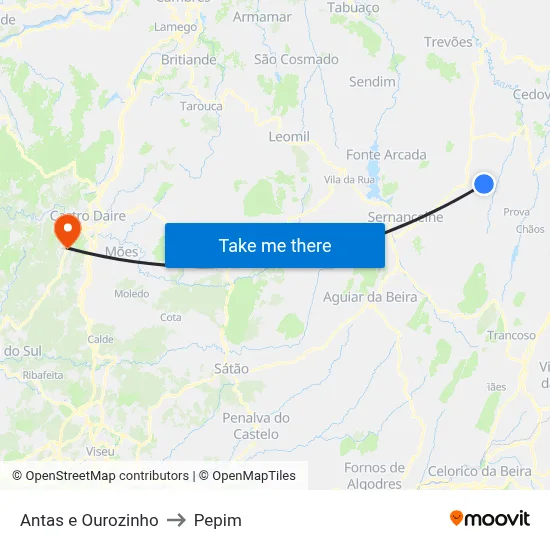 Antas e Ourozinho to Pepim map