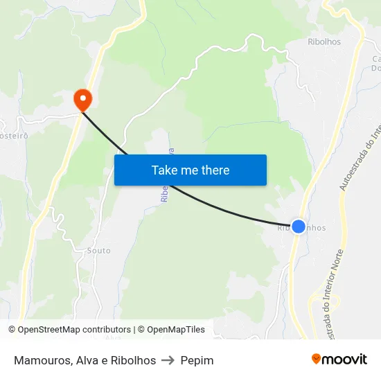 Mamouros, Alva e Ribolhos to Pepim map