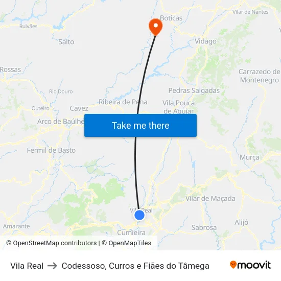 Vila Real to Codessoso, Curros e Fiães do Tâmega map
