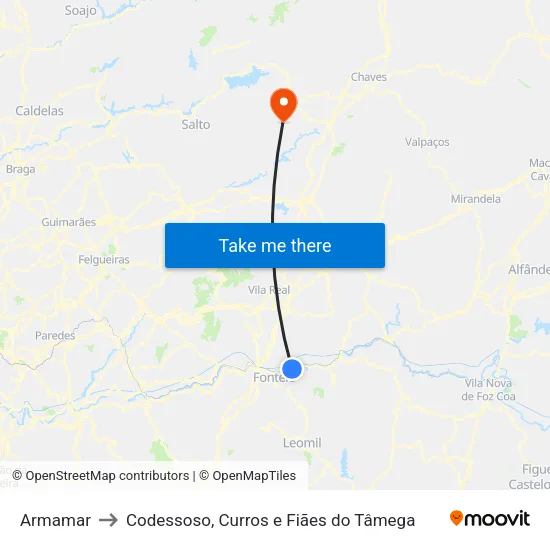 Armamar to Codessoso, Curros e Fiães do Tâmega map