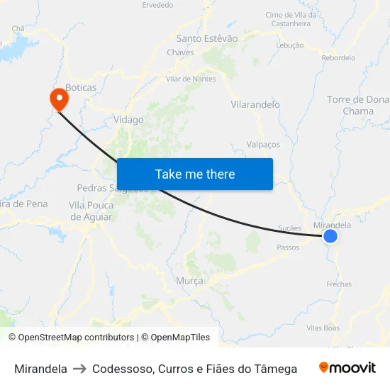 Mirandela to Codessoso, Curros e Fiães do Tâmega map