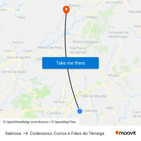 Sabrosa to Codessoso, Curros e Fiães do Tâmega map