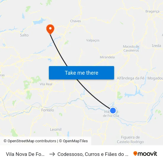 Vila Nova De Foz Côa to Codessoso, Curros e Fiães do Tâmega map