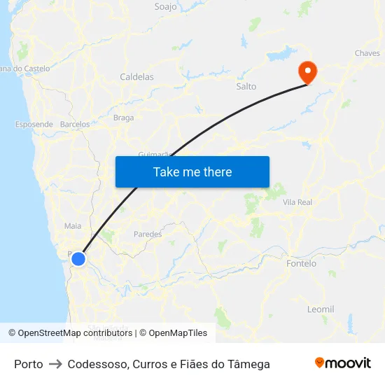 Porto to Codessoso, Curros e Fiães do Tâmega map