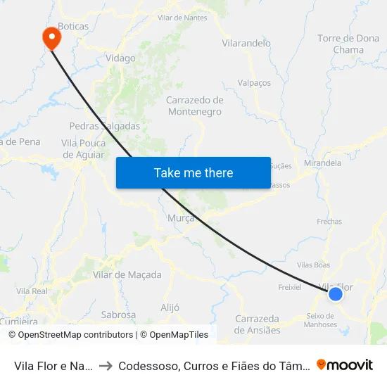 Vila Flor e Nabo to Codessoso, Curros e Fiães do Tâmega map