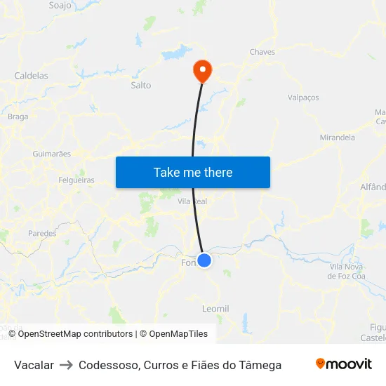 Vacalar to Codessoso, Curros e Fiães do Tâmega map