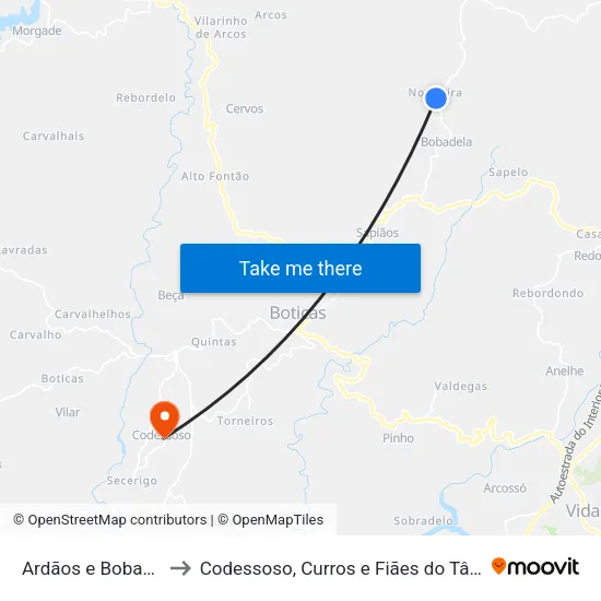 Ardãos e Bobadela to Codessoso, Curros e Fiães do Tâmega map