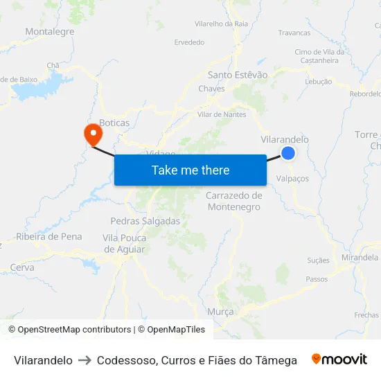 Vilarandelo to Codessoso, Curros e Fiães do Tâmega map