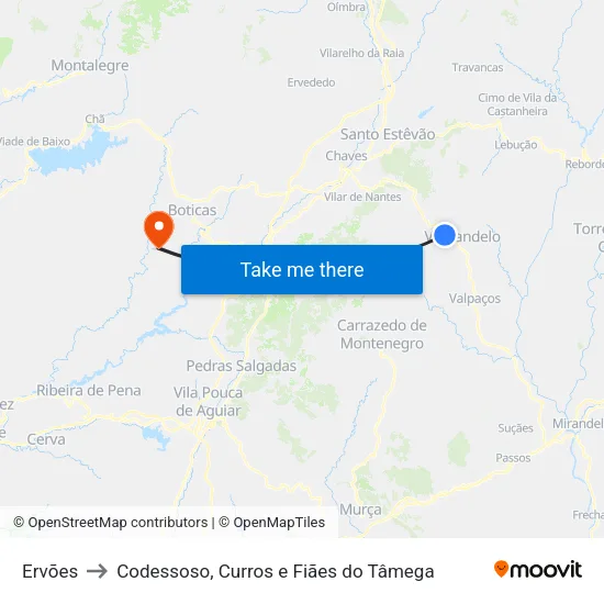 Ervões to Codessoso, Curros e Fiães do Tâmega map