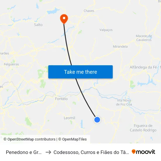 Penedono e Granja to Codessoso, Curros e Fiães do Tâmega map