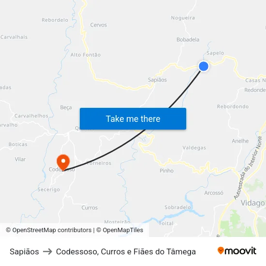 Sapiãos to Codessoso, Curros e Fiães do Tâmega map