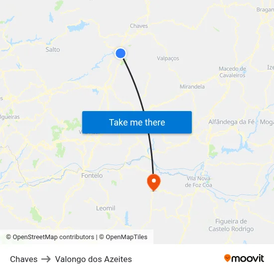 Chaves to Valongo dos Azeites map