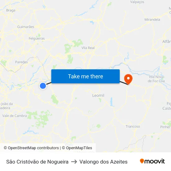 São Cristóvão de Nogueira to Valongo dos Azeites map