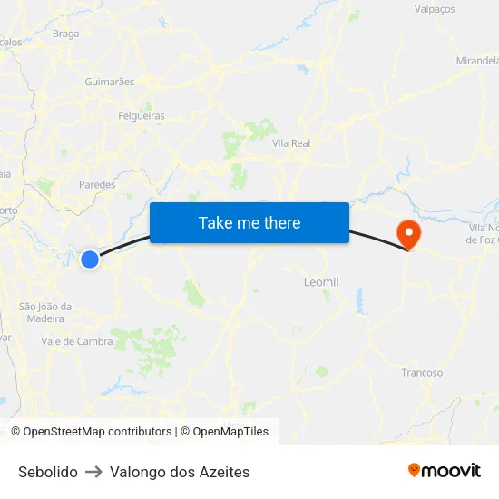 Sebolido to Valongo dos Azeites map