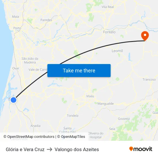 Glória e Vera Cruz to Valongo dos Azeites map