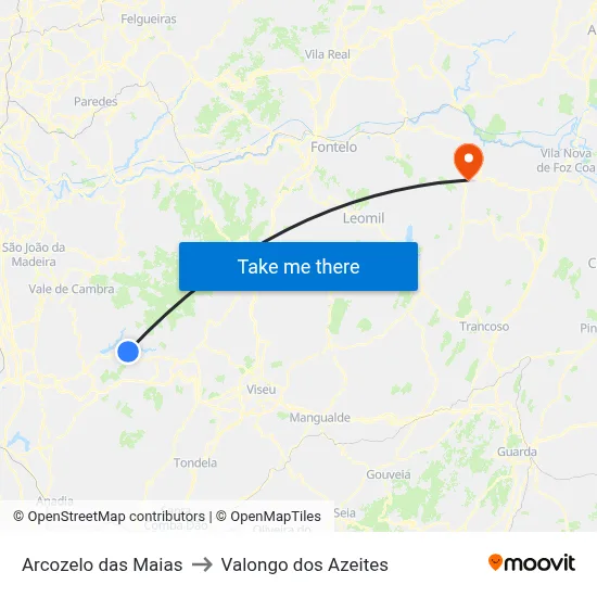 Arcozelo das Maias to Valongo dos Azeites map