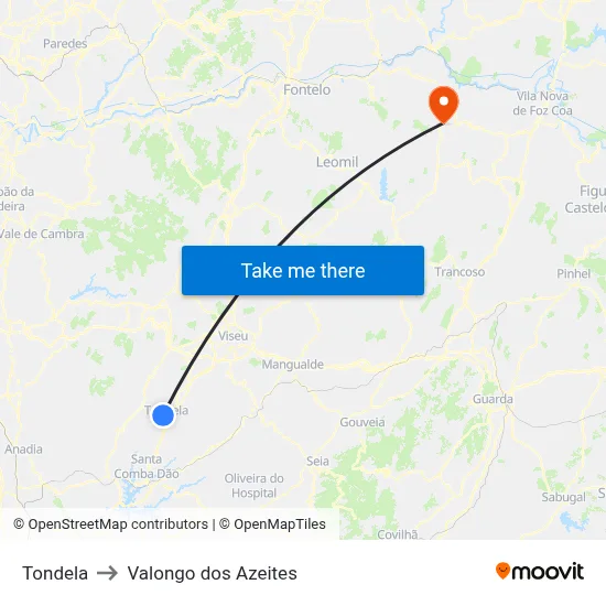 Tondela to Valongo dos Azeites map