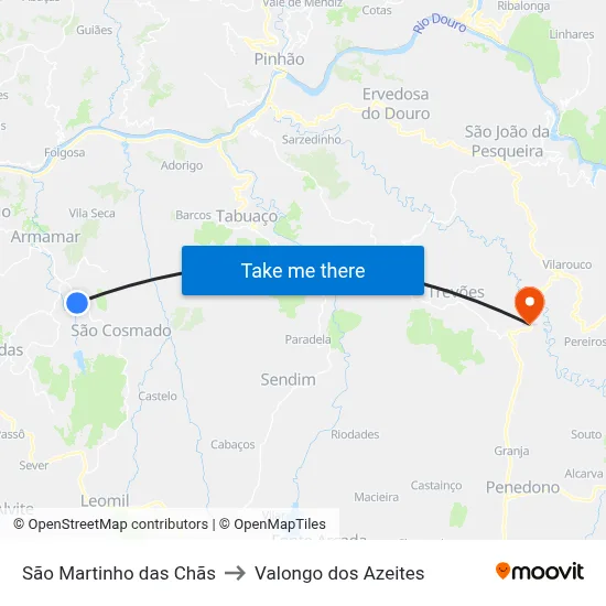 São Martinho das Chãs to Valongo dos Azeites map