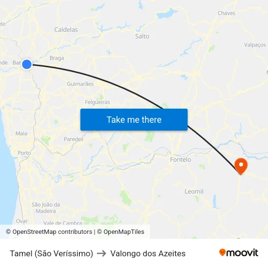 Tamel (São Veríssimo) to Valongo dos Azeites map