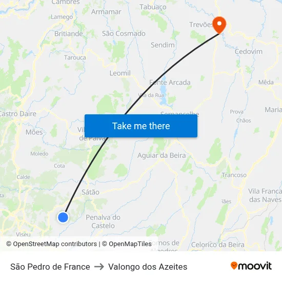 São Pedro de France to Valongo dos Azeites map