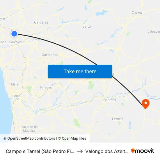 Campo e Tamel (São Pedro Fins) to Valongo dos Azeites map