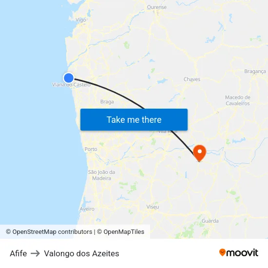 Afife to Valongo dos Azeites map