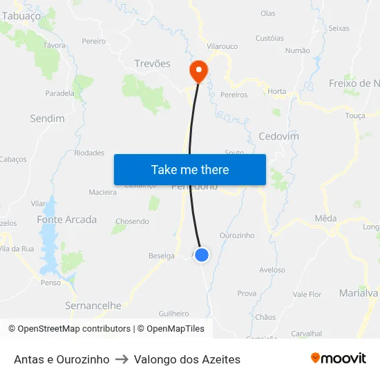 Antas e Ourozinho to Valongo dos Azeites map
