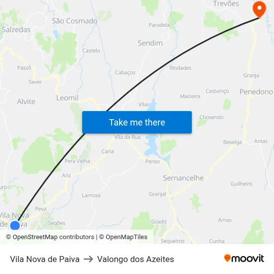 Vila Nova de Paiva to Valongo dos Azeites map