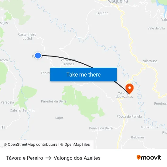 Távora e Pereiro to Valongo dos Azeites map