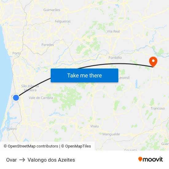 Ovar to Valongo dos Azeites map