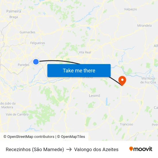 Recezinhos (São Mamede) to Valongo dos Azeites map